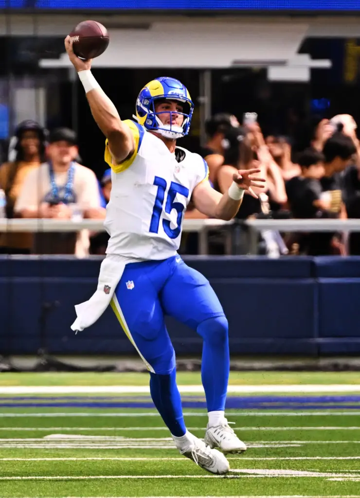 Rams quarterback Ty Simpson (15) passes against the New Orleans...