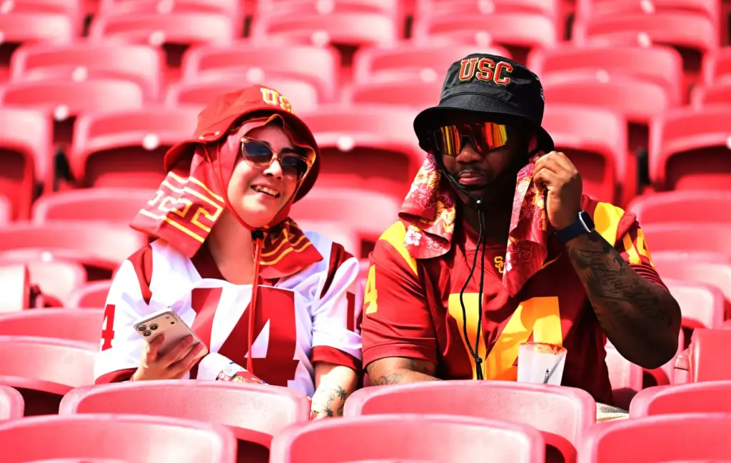 USC Trojans fans try and stay cool prior to a...