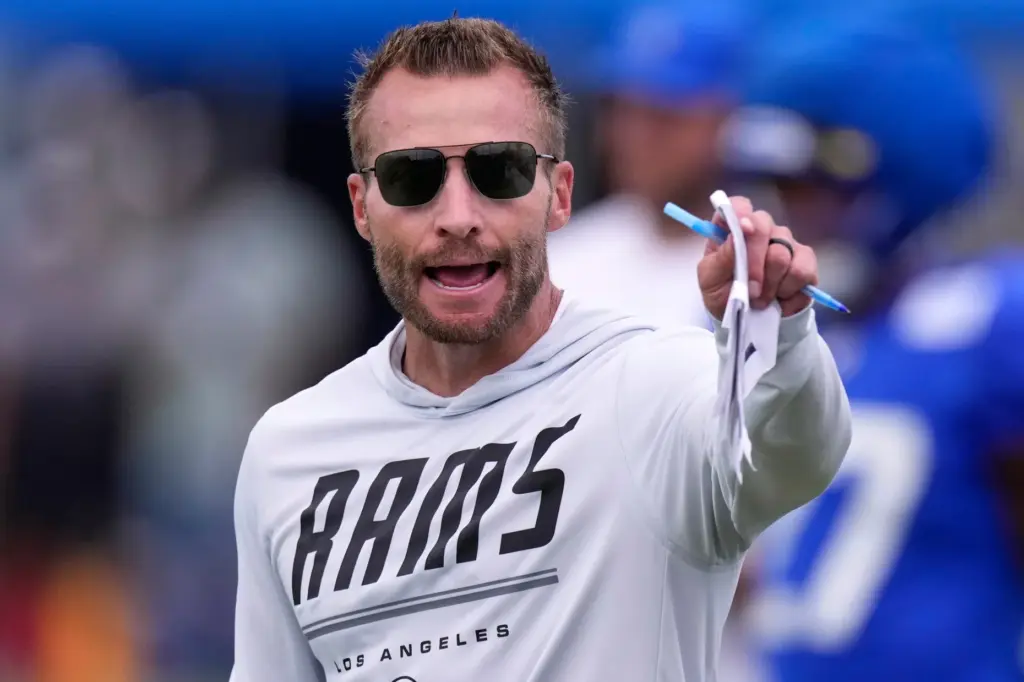 Rams head coach Sean McVay gestures during a joint practice...
