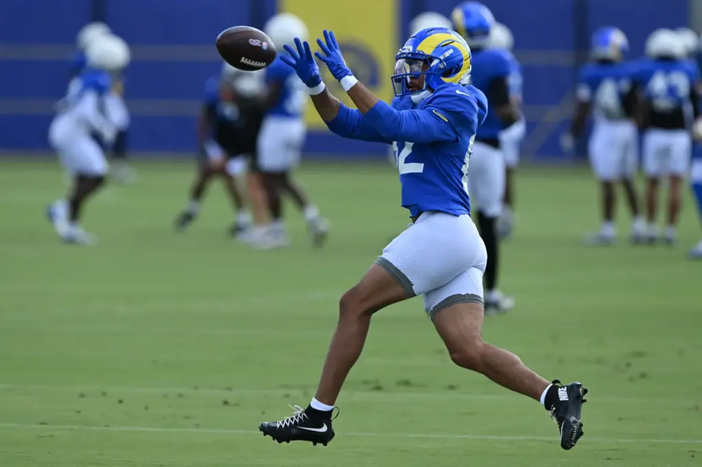 Tyler Scott (82) during Rams joint practice with the Dallas...
