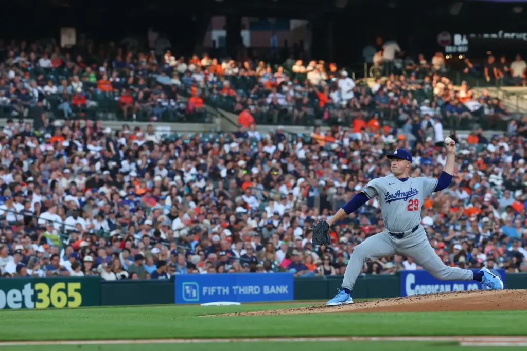 Dodgers starting pitcher Tarik Skubal throws to the plate during...