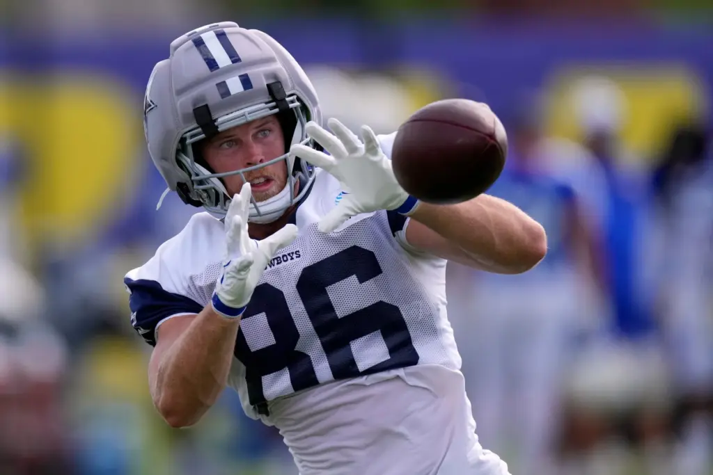 Dallas Cowboys tight end Luke Schoonmaker makes a catch during...
