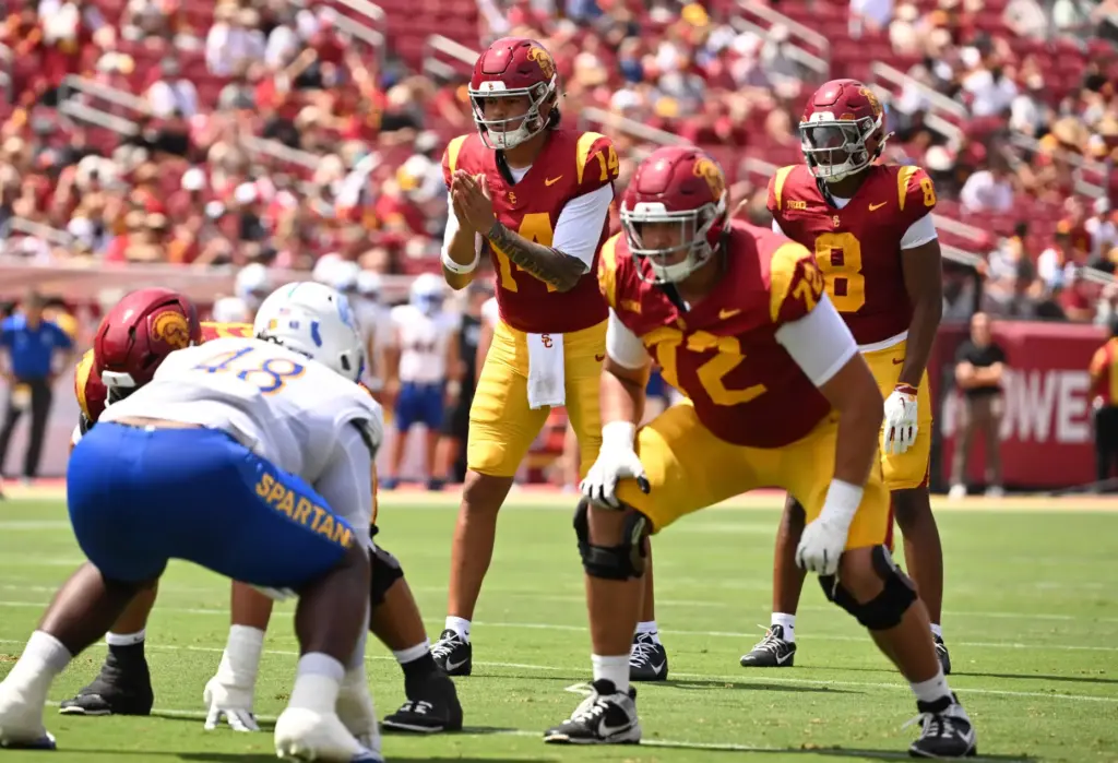 Quarterback Jayden Maiava (14) of the USC Trojans against the...