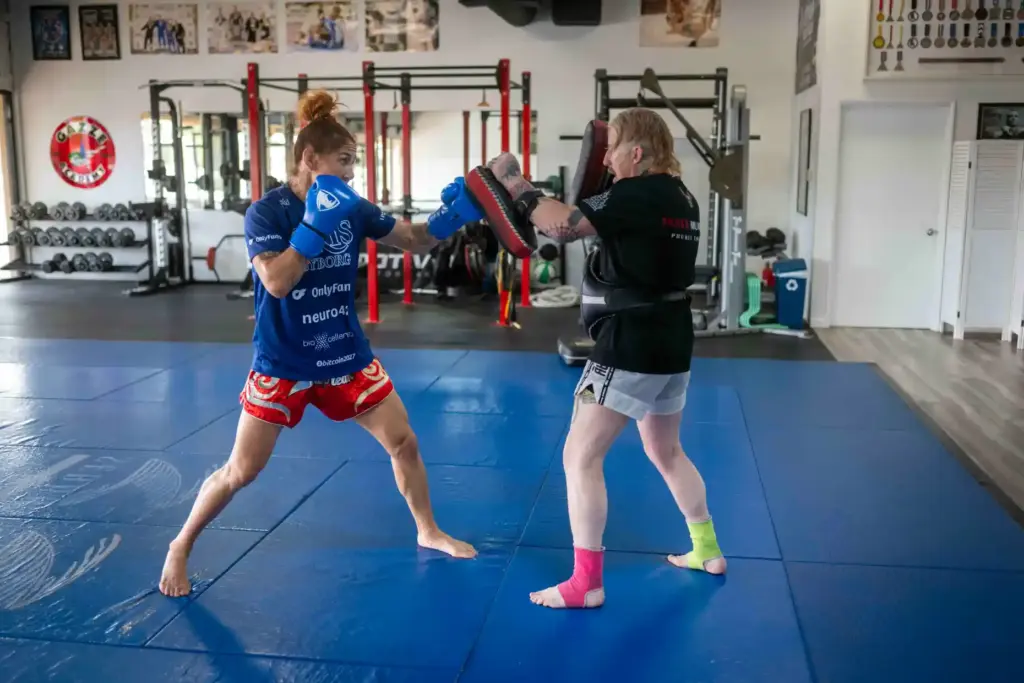 PFL featherweight champion Cris Cyborg works with Thai Boxing coach...