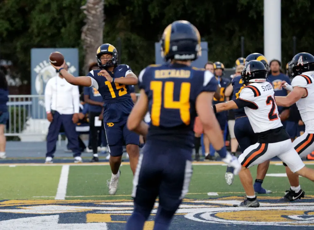 Millikans quarterback Jonah Tuaniga (19) looks to pass to Gabriel...