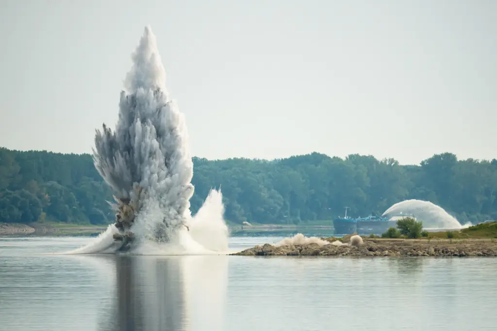 The Romanian Navy detonates underwater explosives during a controlled demolition...