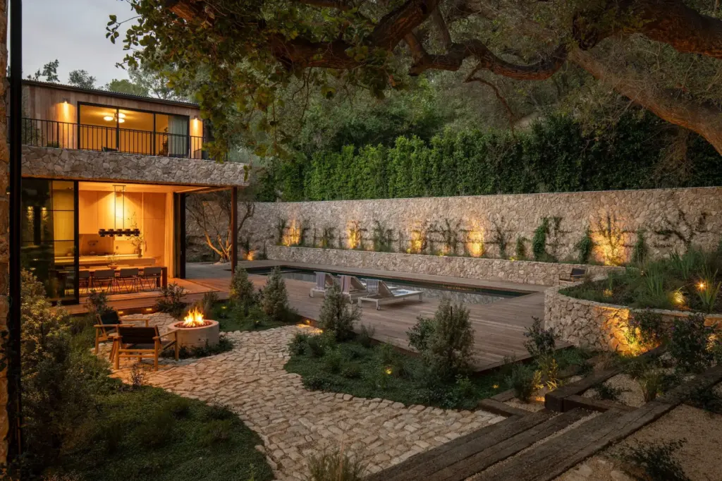The pool terrace and fire pit. (Photo by Gavin Carter)
