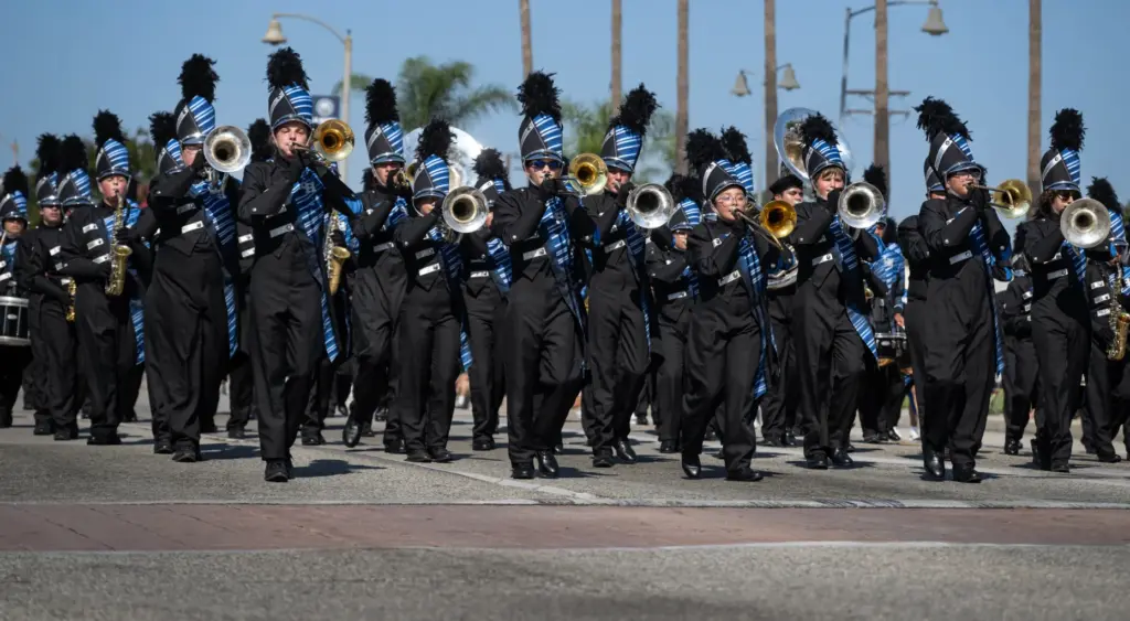 The La Habra High School Highlander Band creates music along...