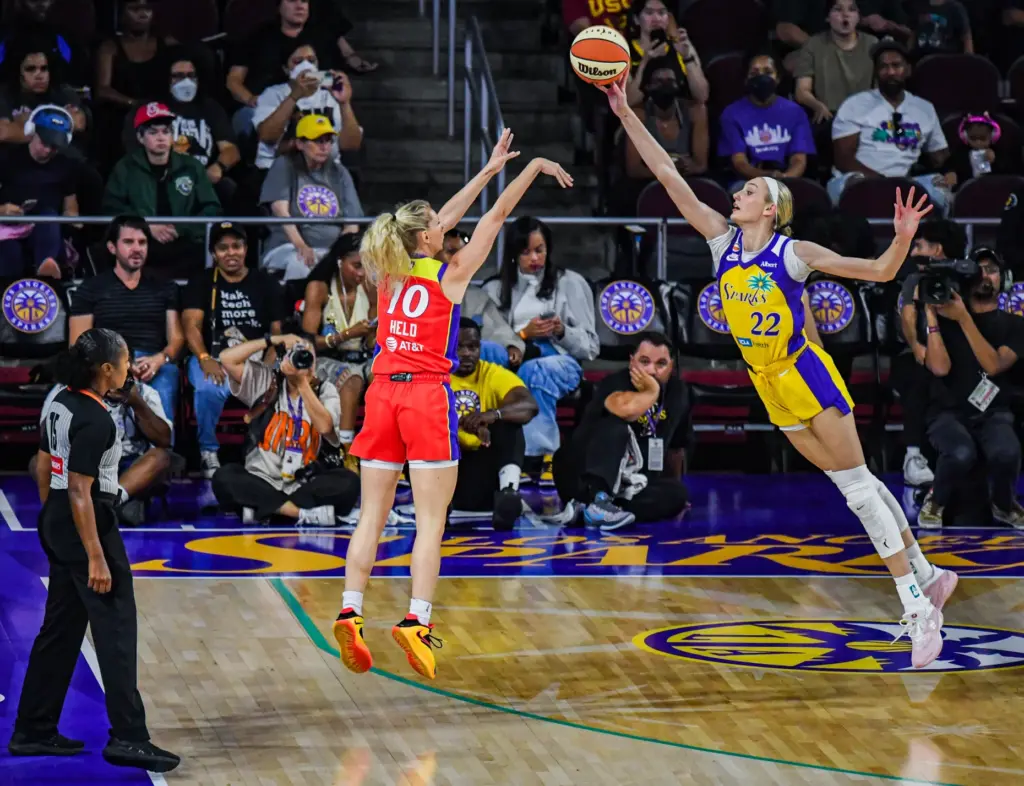 Los Angeles Sparks forward Cameron Brink blocks Phoenix Mercury guard...