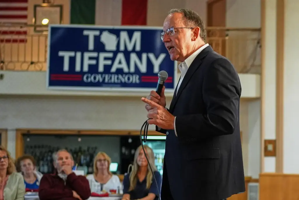 Republican gubernatorial candidate Tom Tiffany talks to supporters during a...