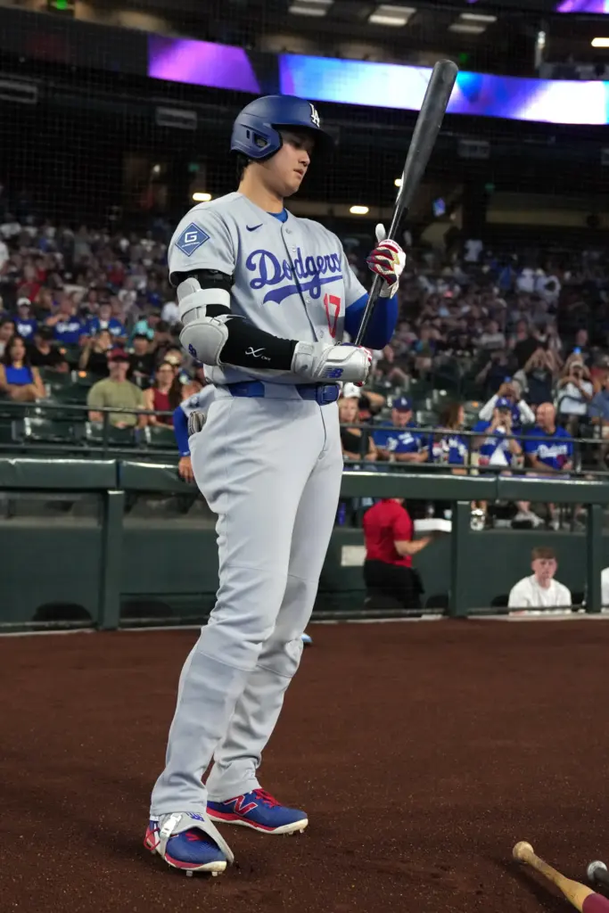 Dodgers star Shohei Ohtani prepares to bat during the first...