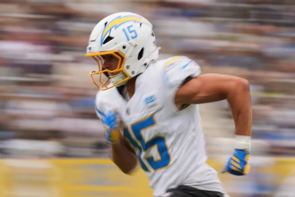Chargers wide receiver Ladd McConkey runs a route during an...