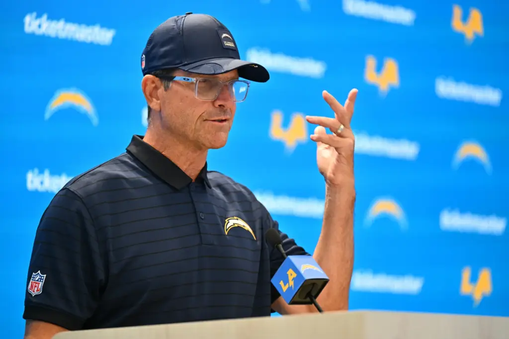 Chargers head coach Jim Harbaugh speaks to the media at...