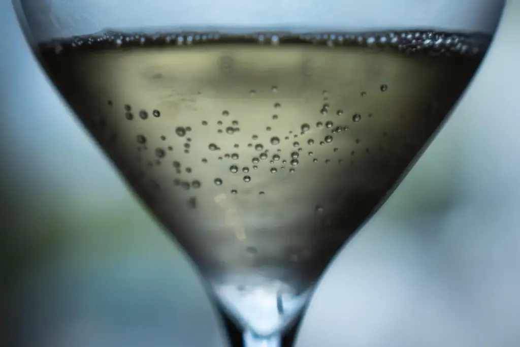 Champagne in a glass is displayed at Gobillard vineyard.