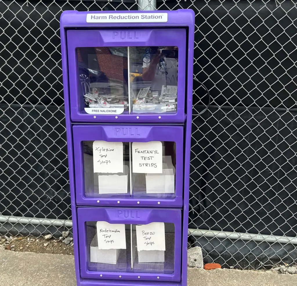 A box with free drug test strips sits outside the Chesapeake Detention Facility in Baltimore.