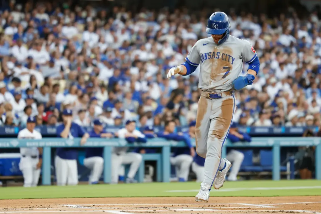 The Kansas City Royals’ Bobby Witt Jr. crosses home plate...