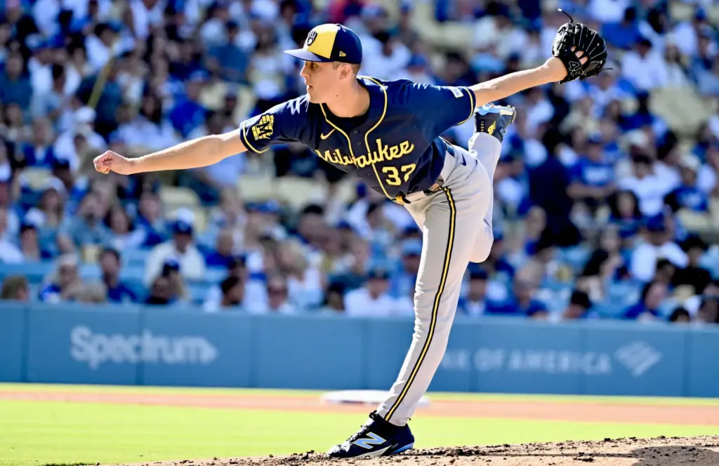 Starting pitcher Jacob Misiorowski of the Milwaukee Brewers throws to...