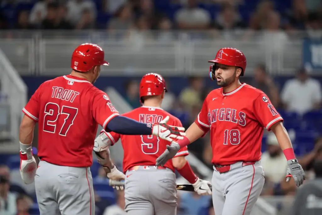 The Angels’ Nolan Schanuel, right, celebrates with Mike Trout after...