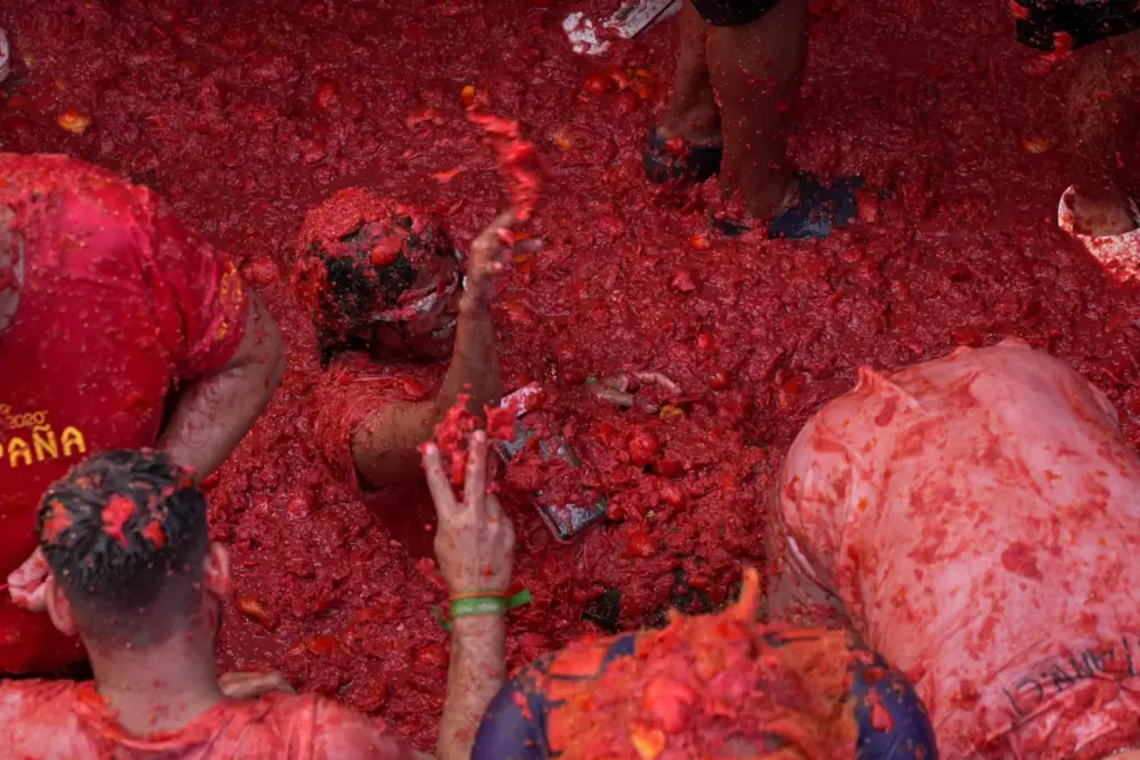 Revelers throw tomatoes at each other during the annual “Tomatina”...