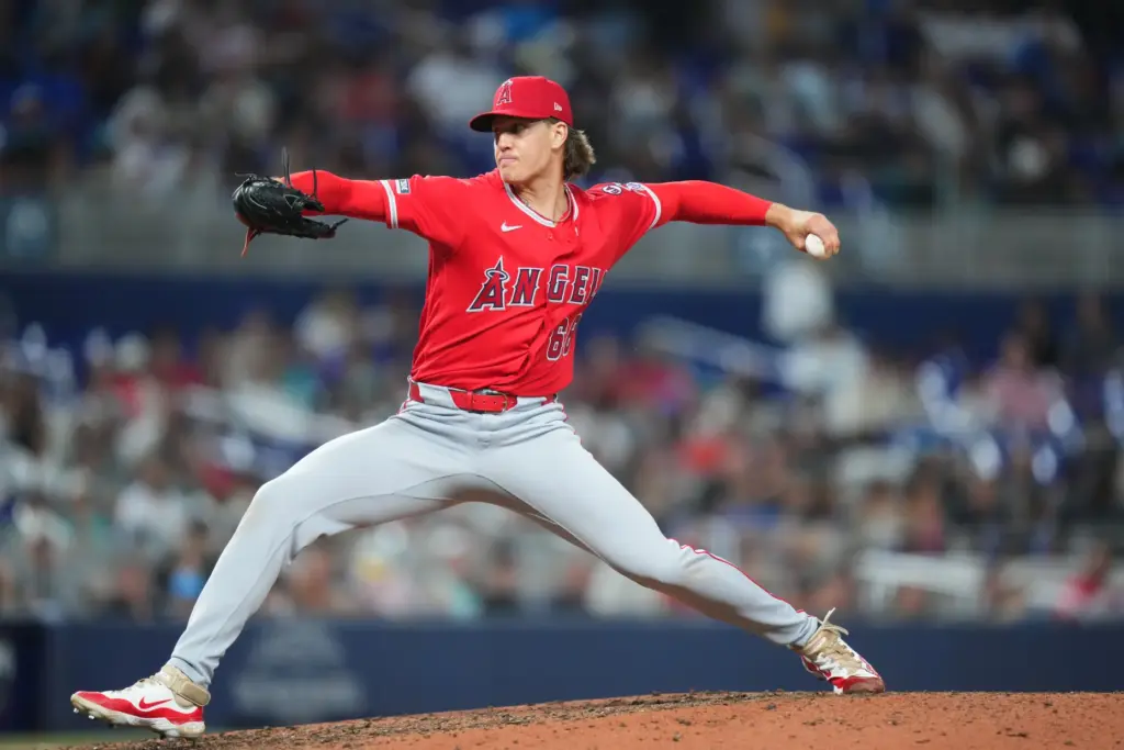 Angels relief pitcher Blake Weiman throws to the plate during...