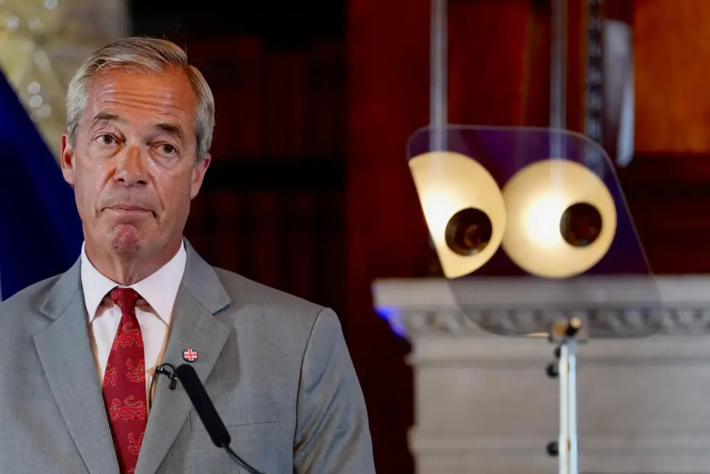 Nigel Farage, leader of Britain's Reform UK party, speaks during a news conference.