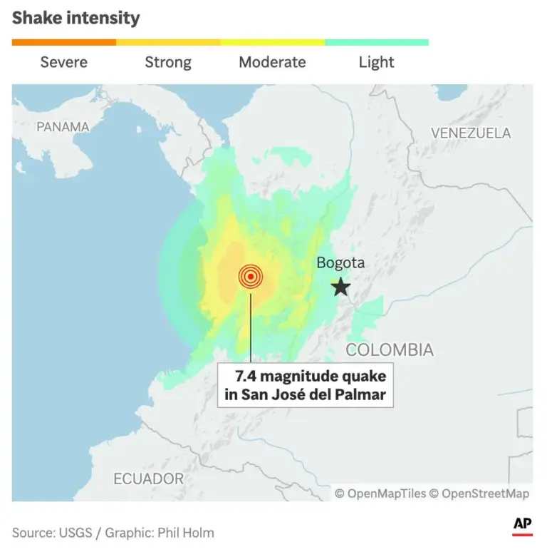 The epicenter and shake intensity from a 7.4 magnitude earthquake in Colombia.