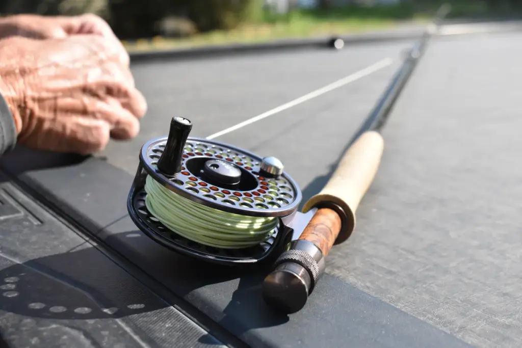 A fly fishing rod is seen on the back of...