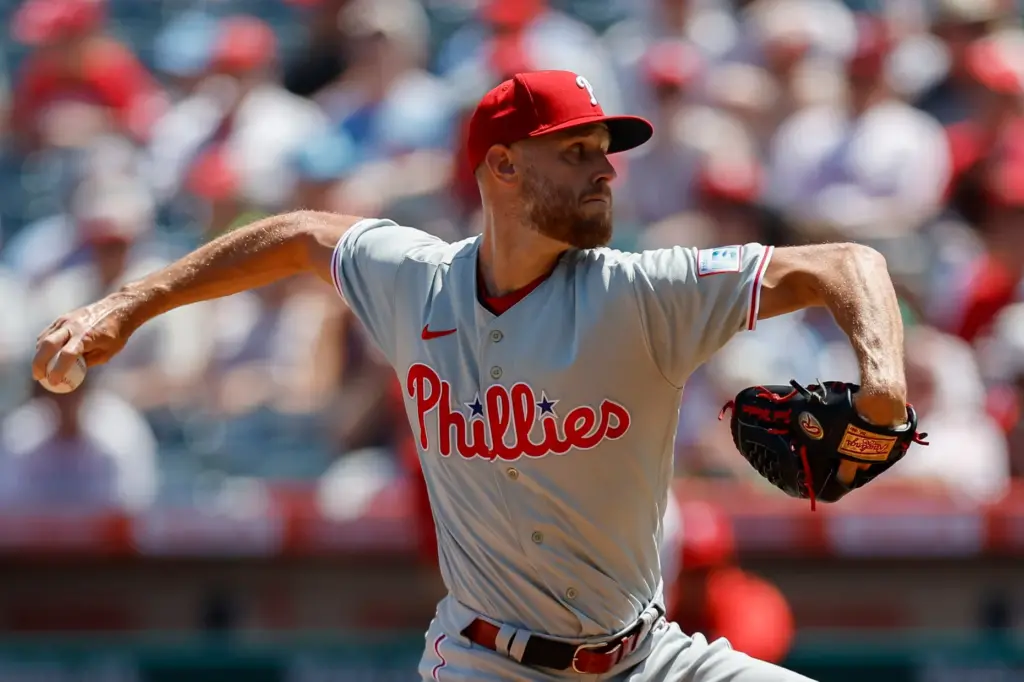 Philadelphia Phillies starting pitcher Zack Wheeler throws during the first...