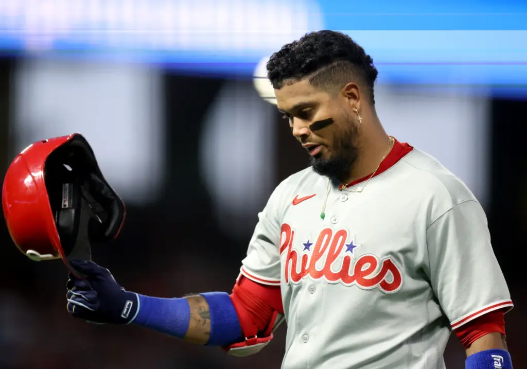 The Philadelphia Phillies’ Luis Arraez reacts after his line drive...
