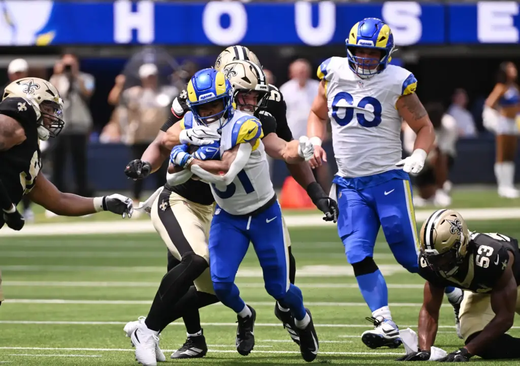 Rams wide receiver Brennan Presley (81) catches a pass and...