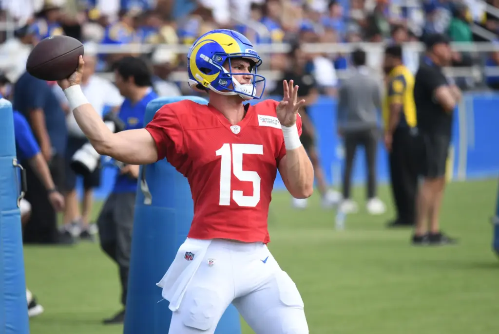 Rams rookie quarterback Ty Simpson throws a pass during the...
