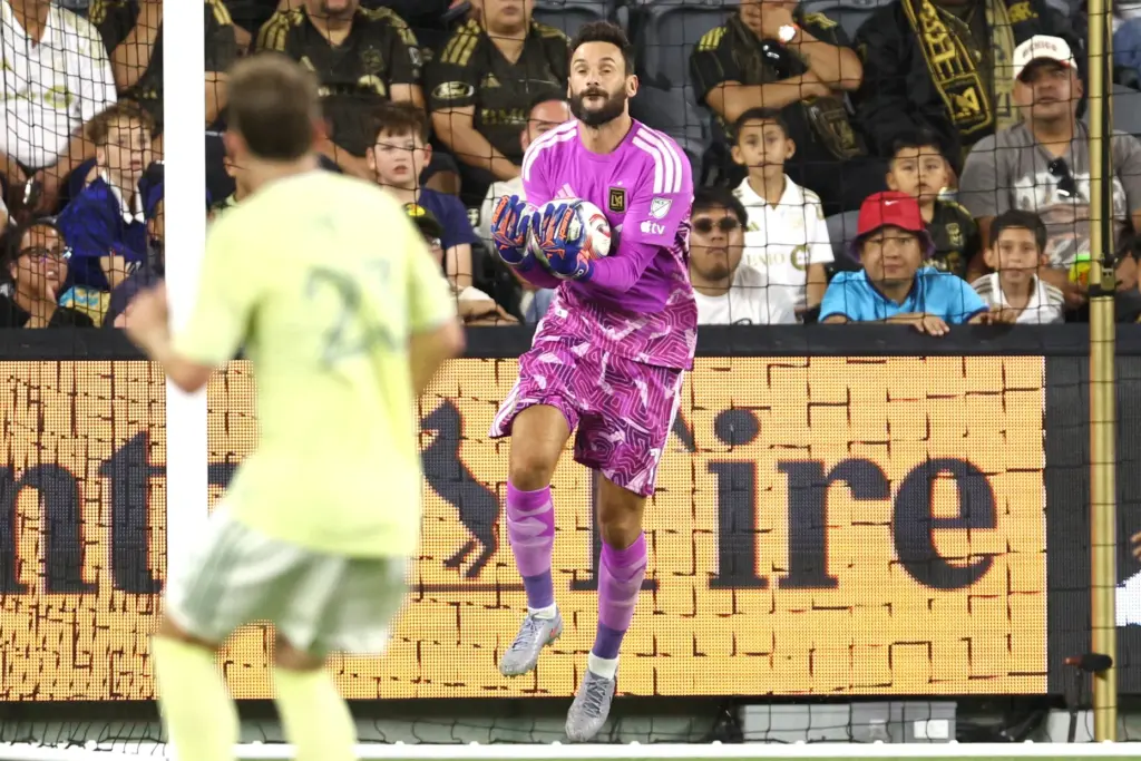 LAFC goalkeeper Hugo Lloris catches the ball against the Portland...