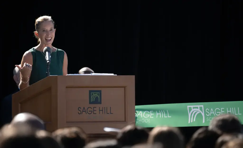 The Head of Sage Hill, Patricia Merz, speaks during a...