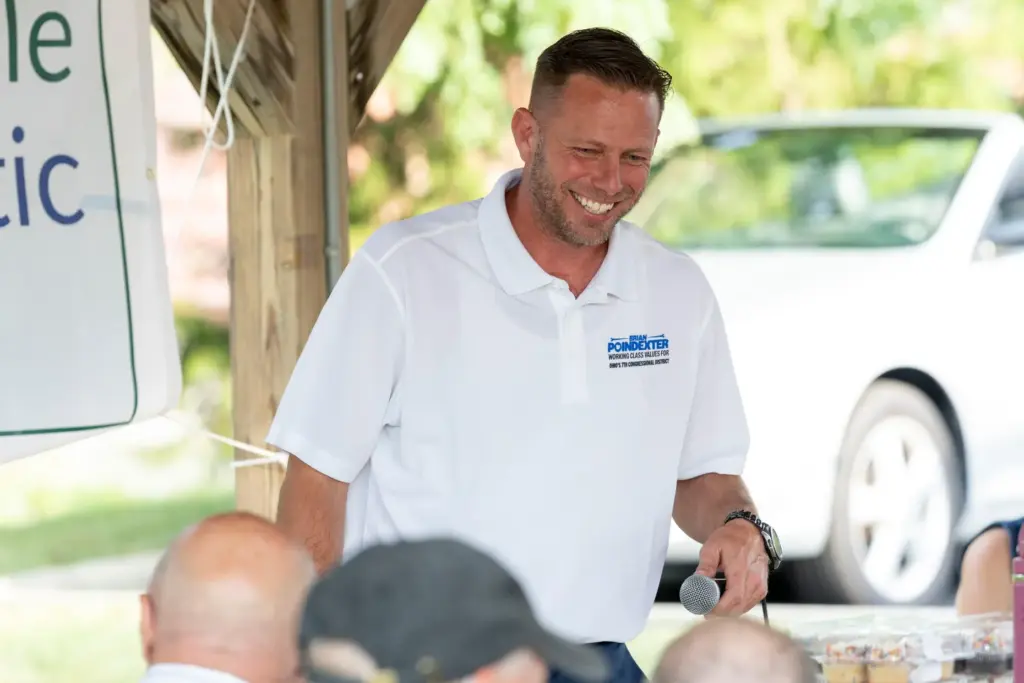 Brian Poindexter, Democratic nominee for Ohio’s 7th congressional district, speaks...