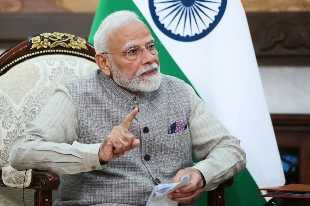 Indian Prime Minister Narendra Modi speaks during a meeting with Russian President Vladimir Putin.