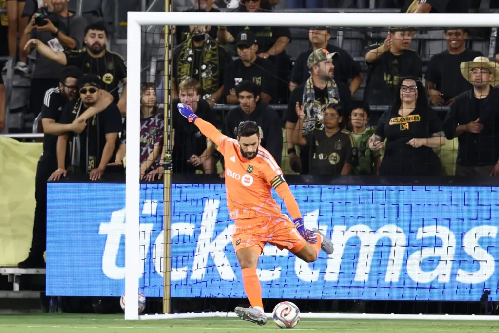 Los Angeles FC goalkeeper Hugo Lloris kicks the ball into...