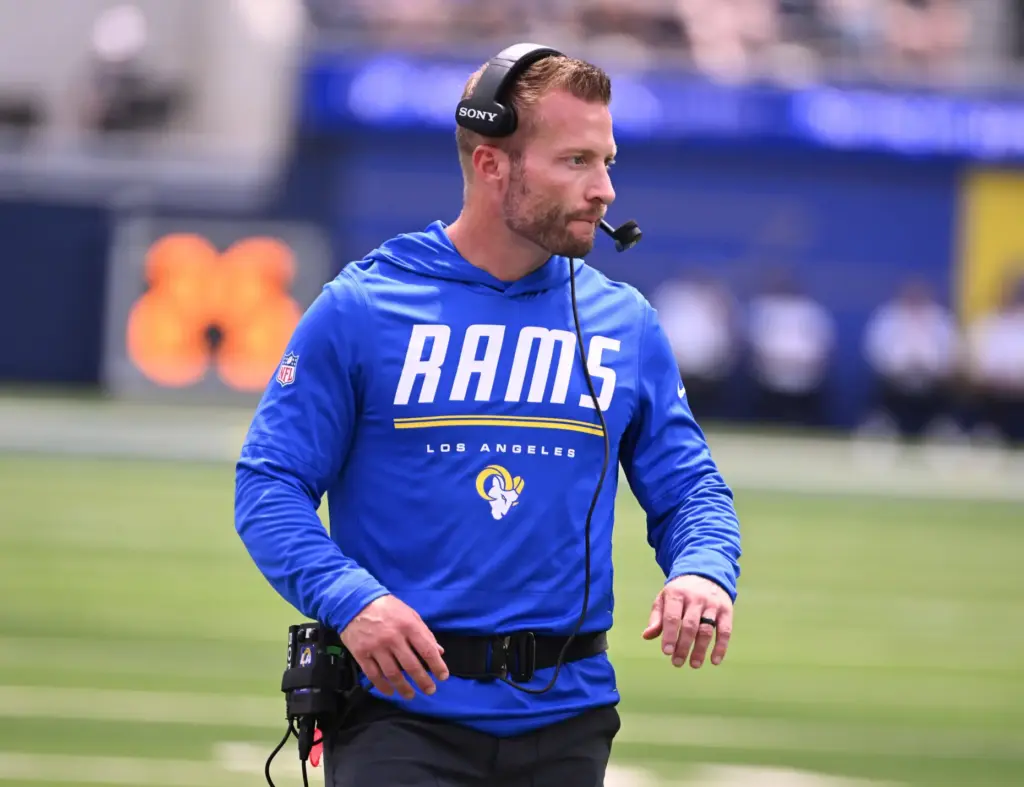 Rams head coach Sean McVay looks on against the New...
