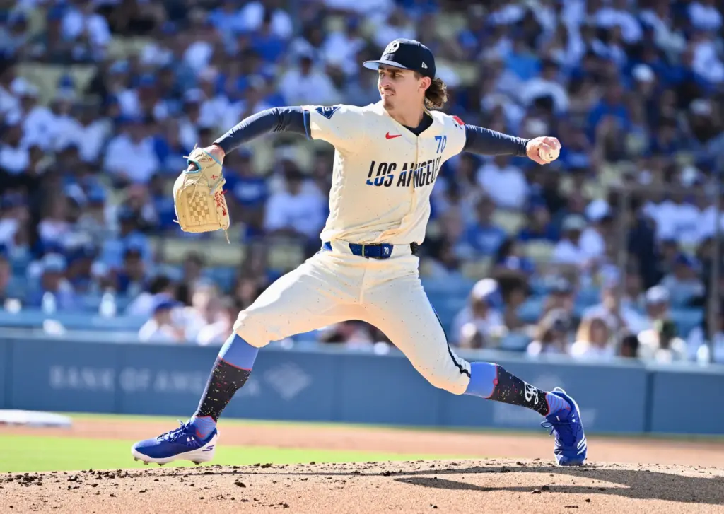 Starting pitcher Justin Wrobleski of the Dodgers throws to the...