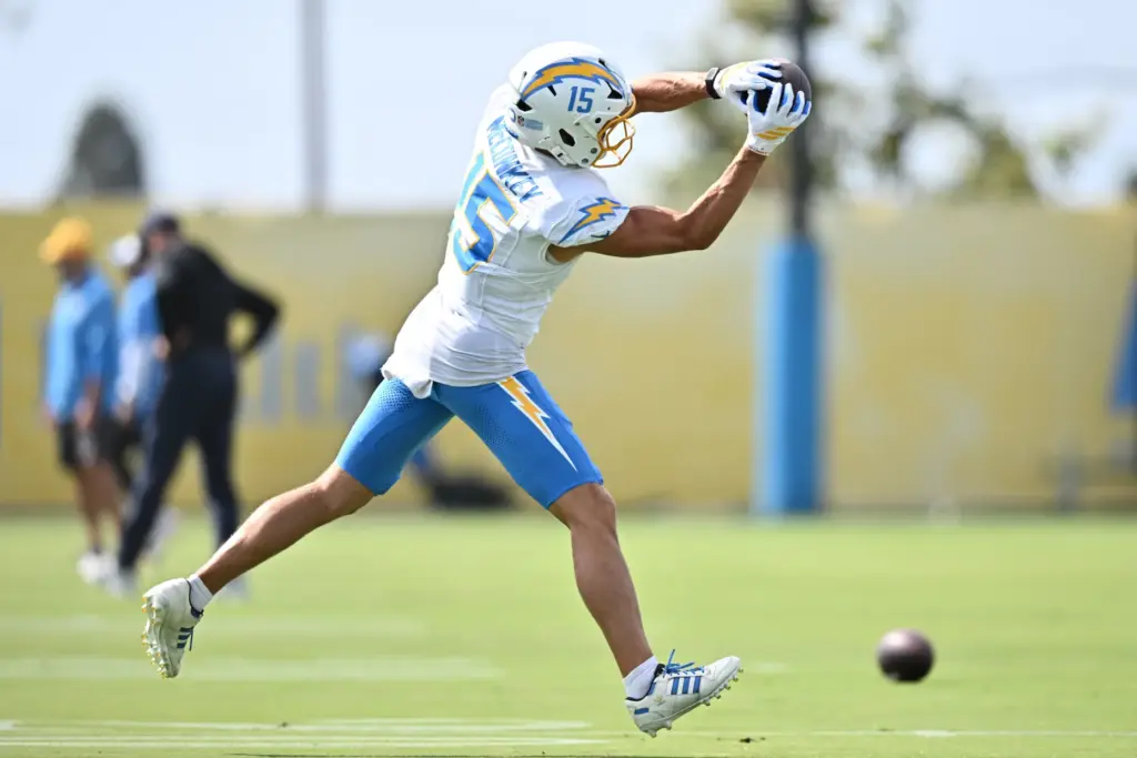 Chargers wide receiver Ladd McConkey makes a catch during a...