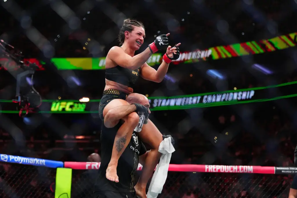 Mackenzie Dern celebrates after a women’s strawweight title fight against...