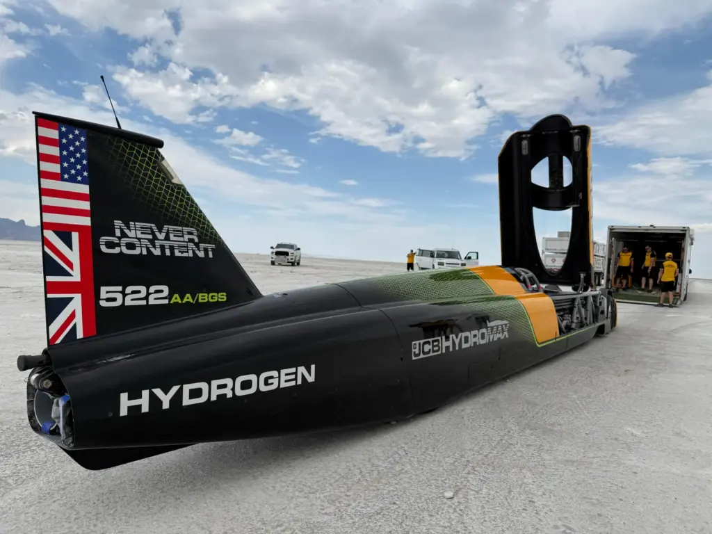 The JCB Hydromax sits on the Bonneville Salt Flats in...
