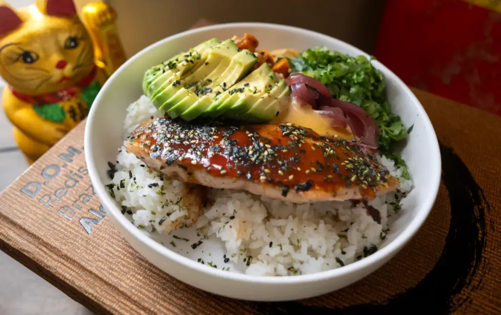 Salmon Teriyaki with avocado, spicy aioli and furikake is on...