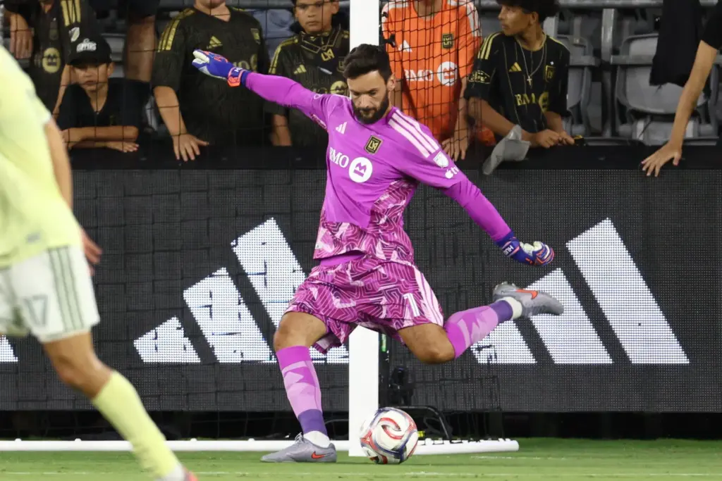 LAFC goalkeeper Hugo Lloris winds up to kick the ball...