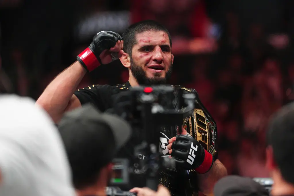 Islam Makhachev reacts after defeating Ian Machado Garry in a...