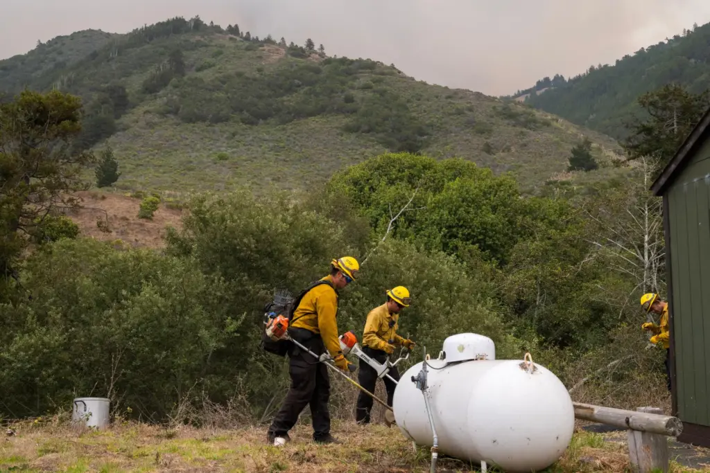 Crews trim bushes around the U.S. Forest Service fire station.