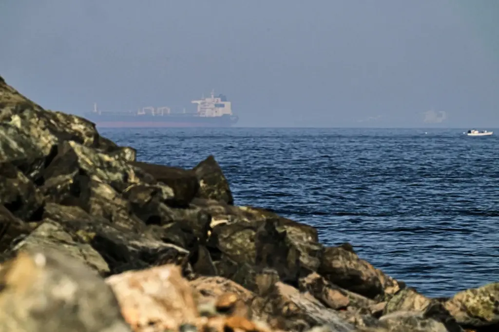 FILE – Cargo ships are seen at sea in the...