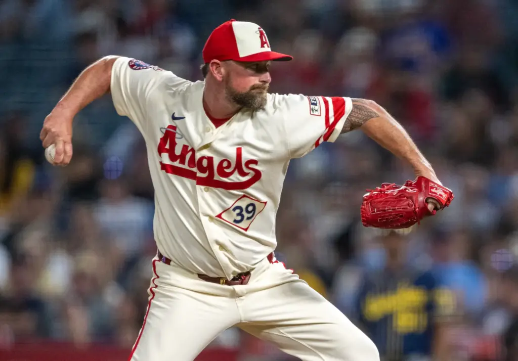 Angels pitcher Kirby Yates (39) throws to home plate in...