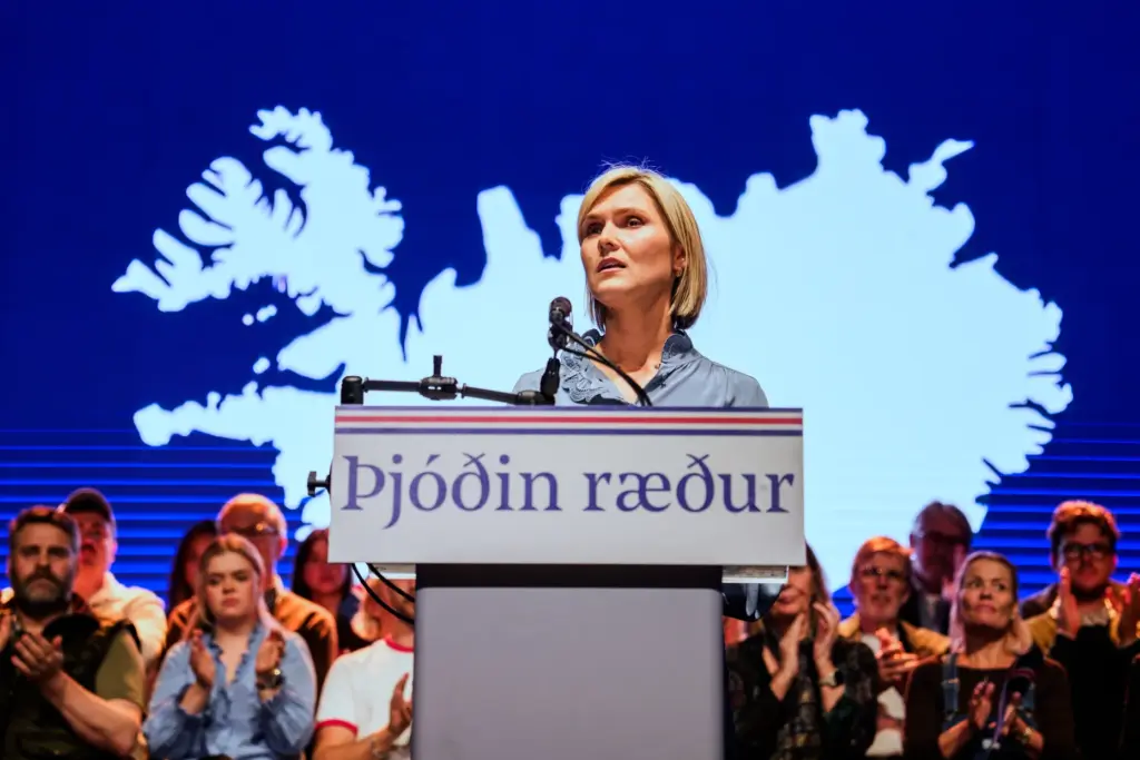Icelandic Prime Minister Kristrun Frostadottir speaks at a public event...