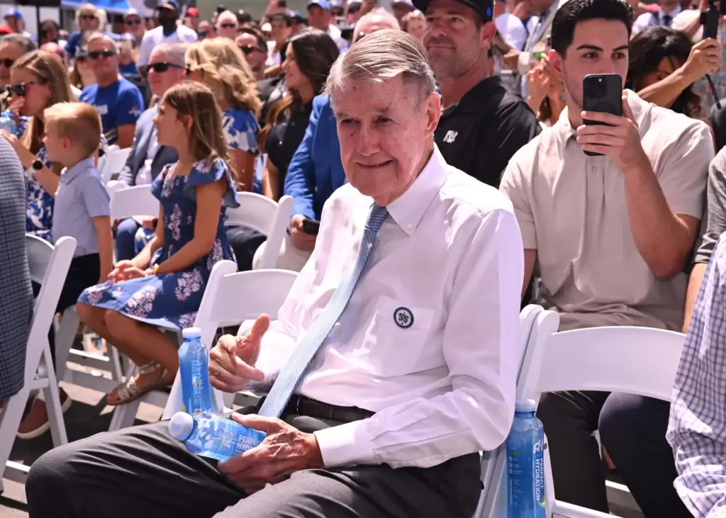 Former Dodger owner, Peter OâMalley looks on as Los Angeles...