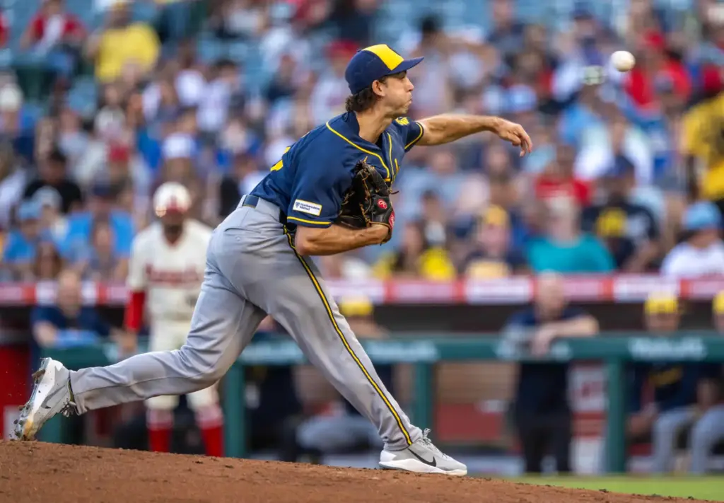 Milwaukee Brewersâ left-hander Robert Gasser (54) throws to home plate...